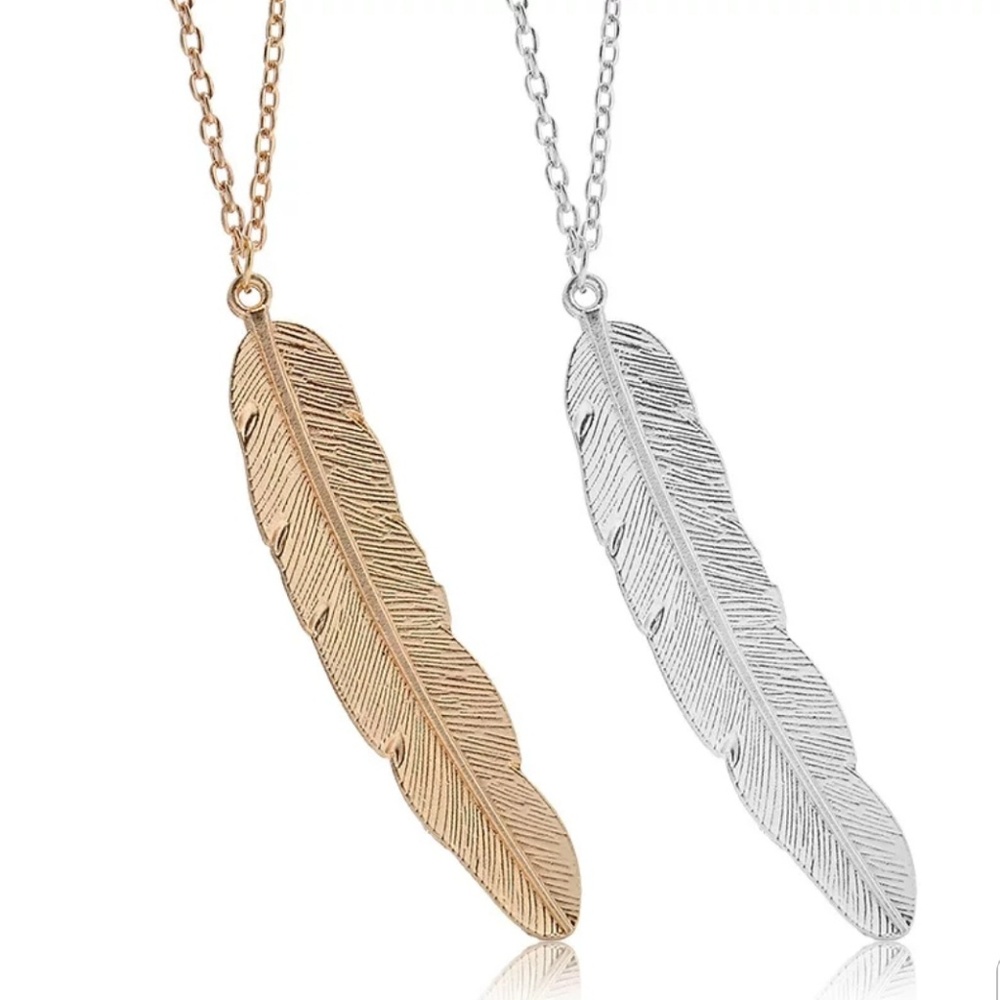 Silver and Gold Feather Pendant Necklace Jewelry